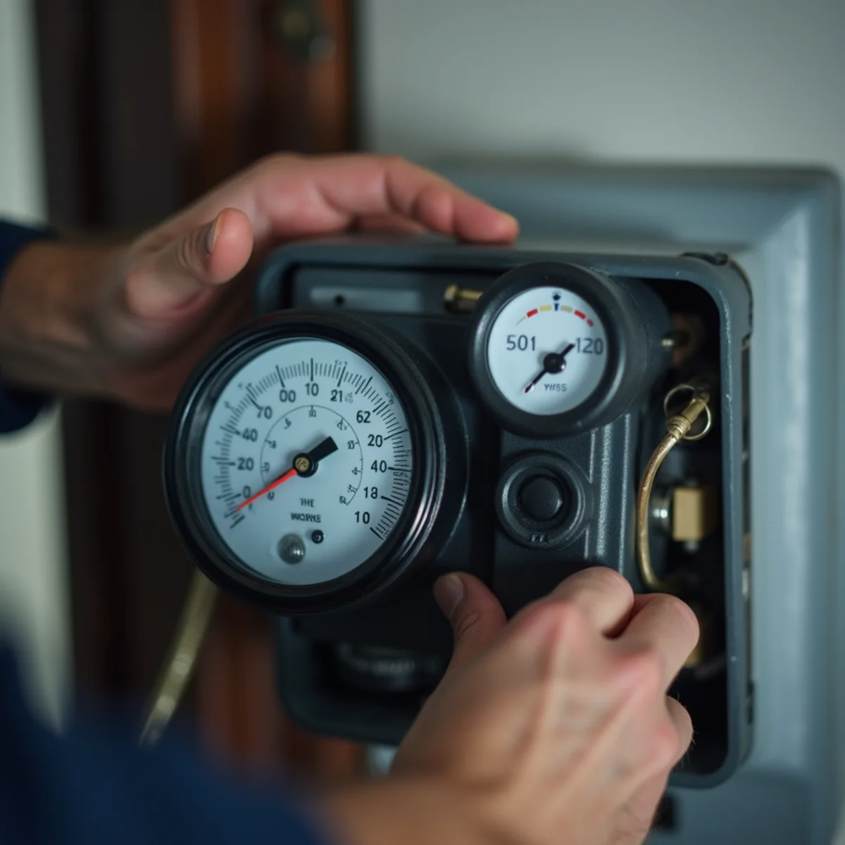 Close-up of thermostat installation & repair work and equipment in a Stafford, VA home