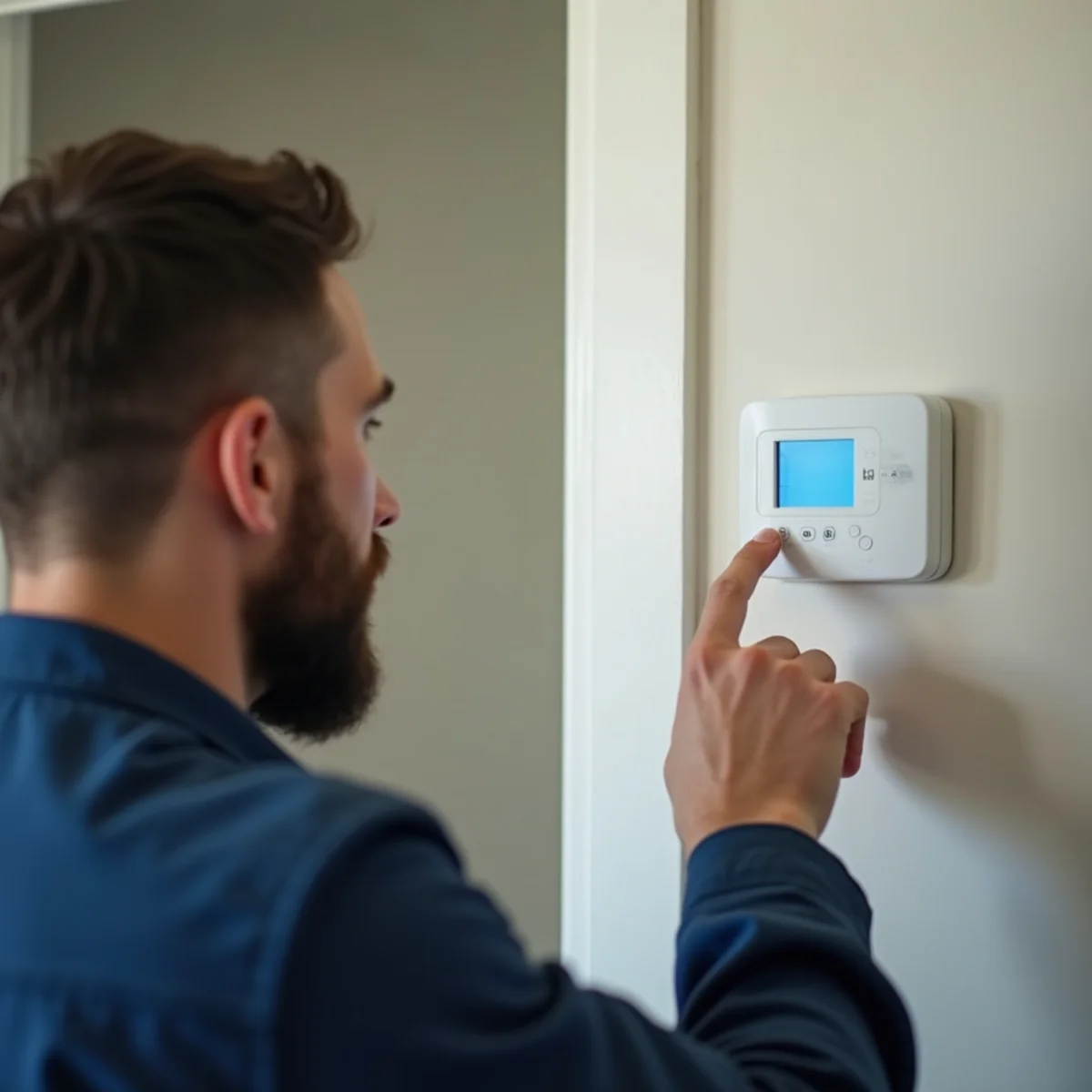 Homeowner inspecting a blank wall thermostat in a Stafford, VA home