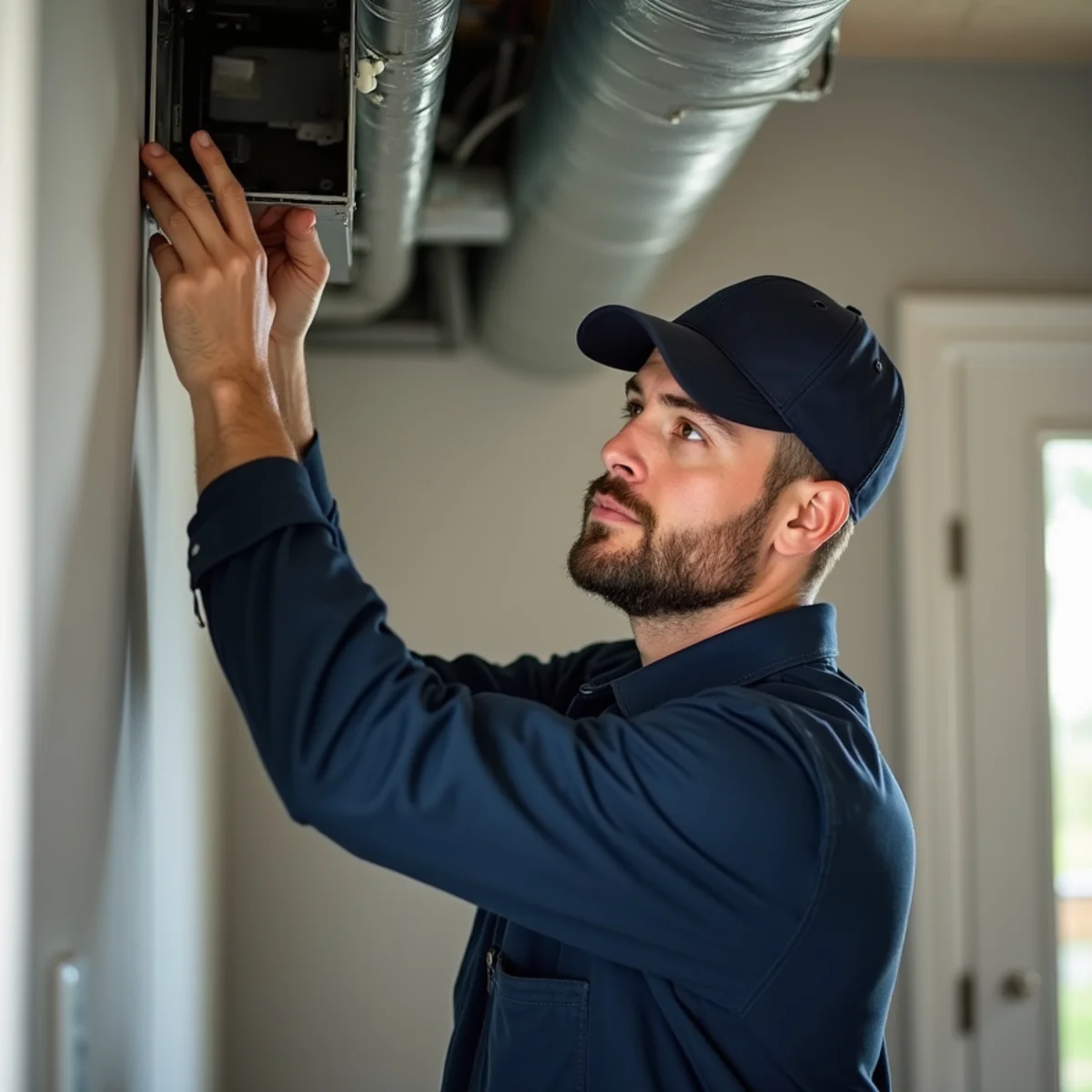 Technician checking ductwork and a zoning damper in a two-story Colonial in Stafford, VA