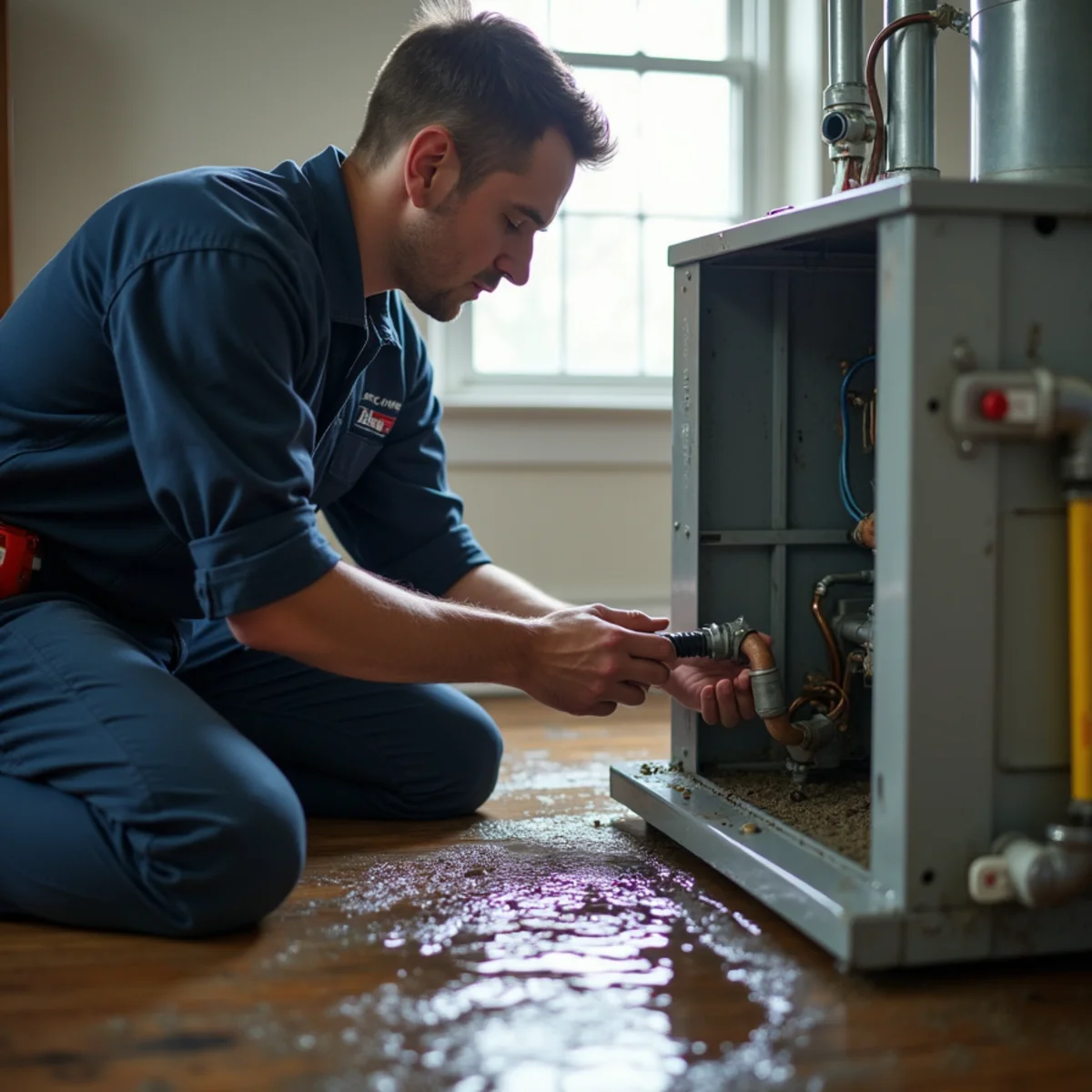 Water pooling around an indoor air handler and condensate drain in a Stafford, VA home