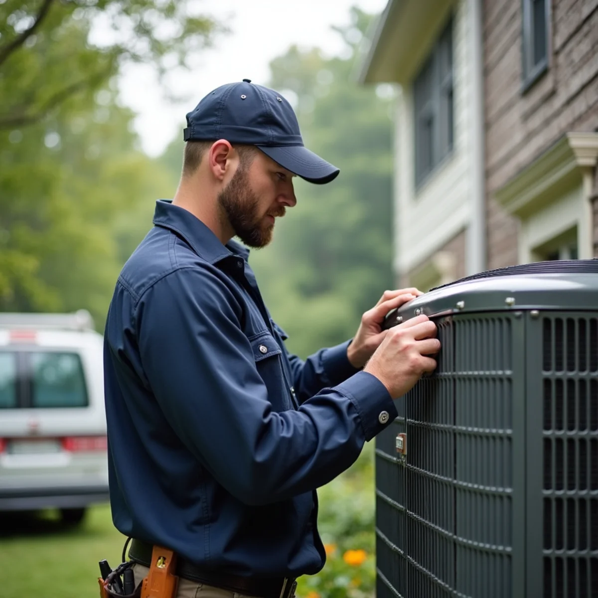 HVAC technician servicing an elevated condenser at a waterfront home in Widewater, Stafford VA