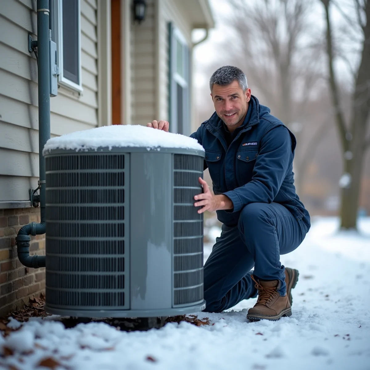 Heat pump and furnace being checked before an ice storm at a Stafford, VA home in winter