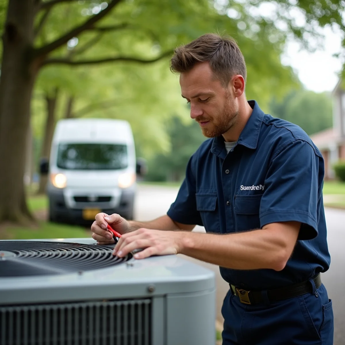 HVAC technician cleaning a pollen-clogged condenser under mature trees in Woodstream, Stafford VA
